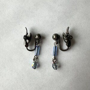 Vintage Gunmetal Gray Blue Iridescent Clip On Earrings Dangle